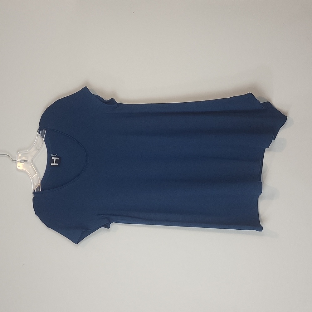 H by BORDEAUX Teal Raw Neckline Cap Sleeve Asymmetrical Lagenlook Hem Tunic